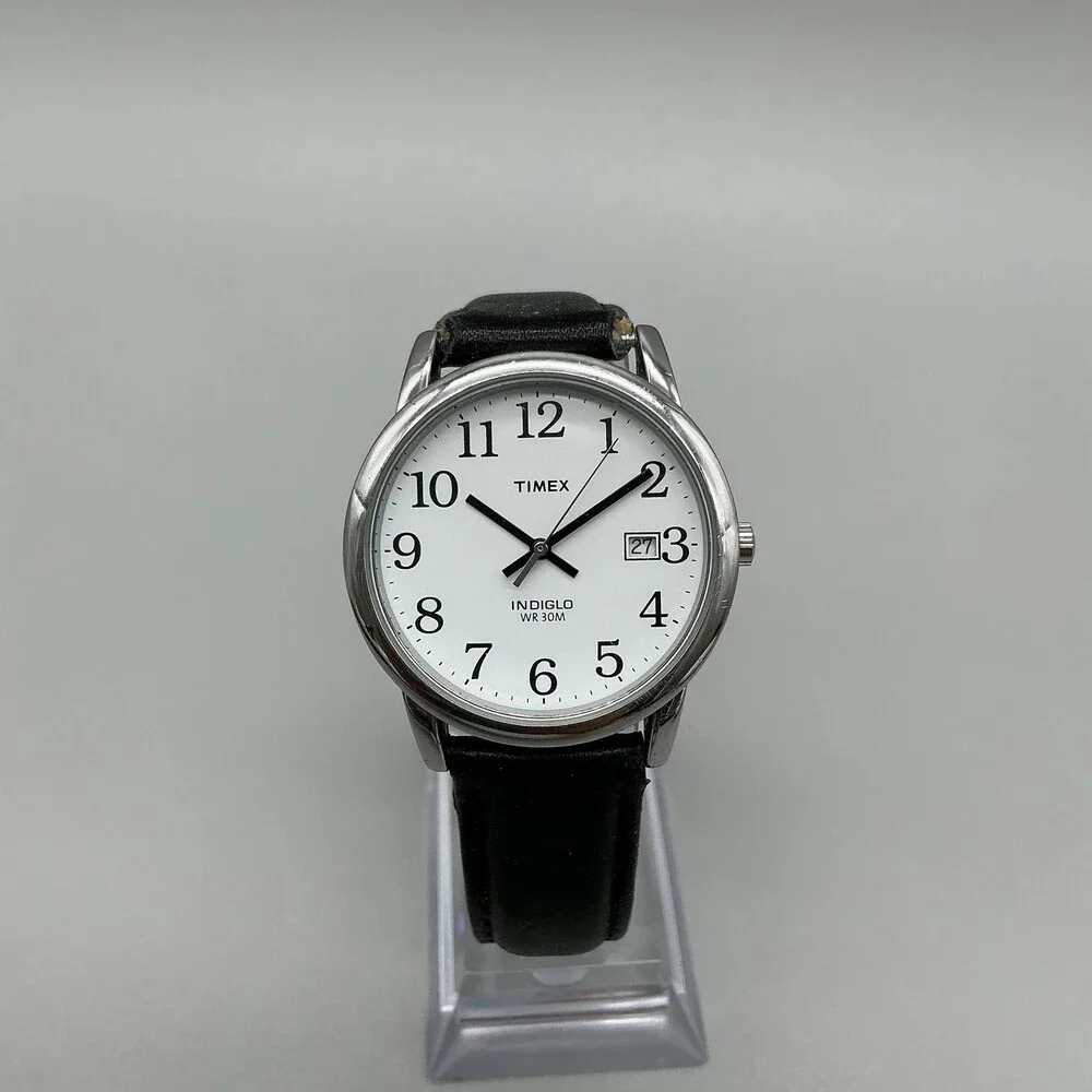 Timex Easy Reader Indiglo WR 30M Mens Watch 35mm Black Leather Band Date